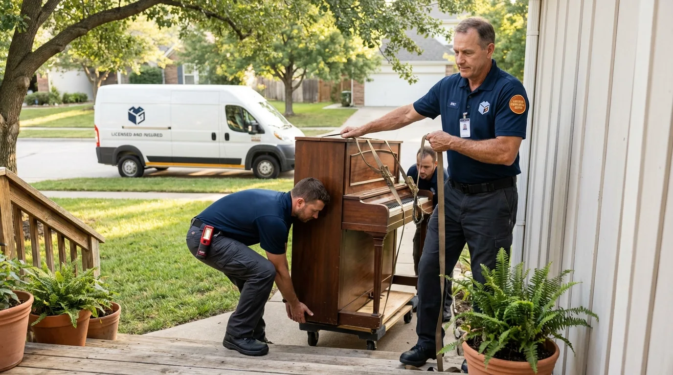 Licensed piano movers securing grand piano in Denton, NC