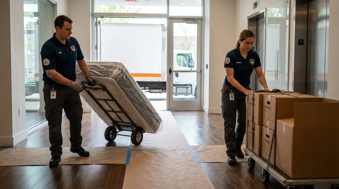 Professional apartment movers loading elevator in Denton, NC