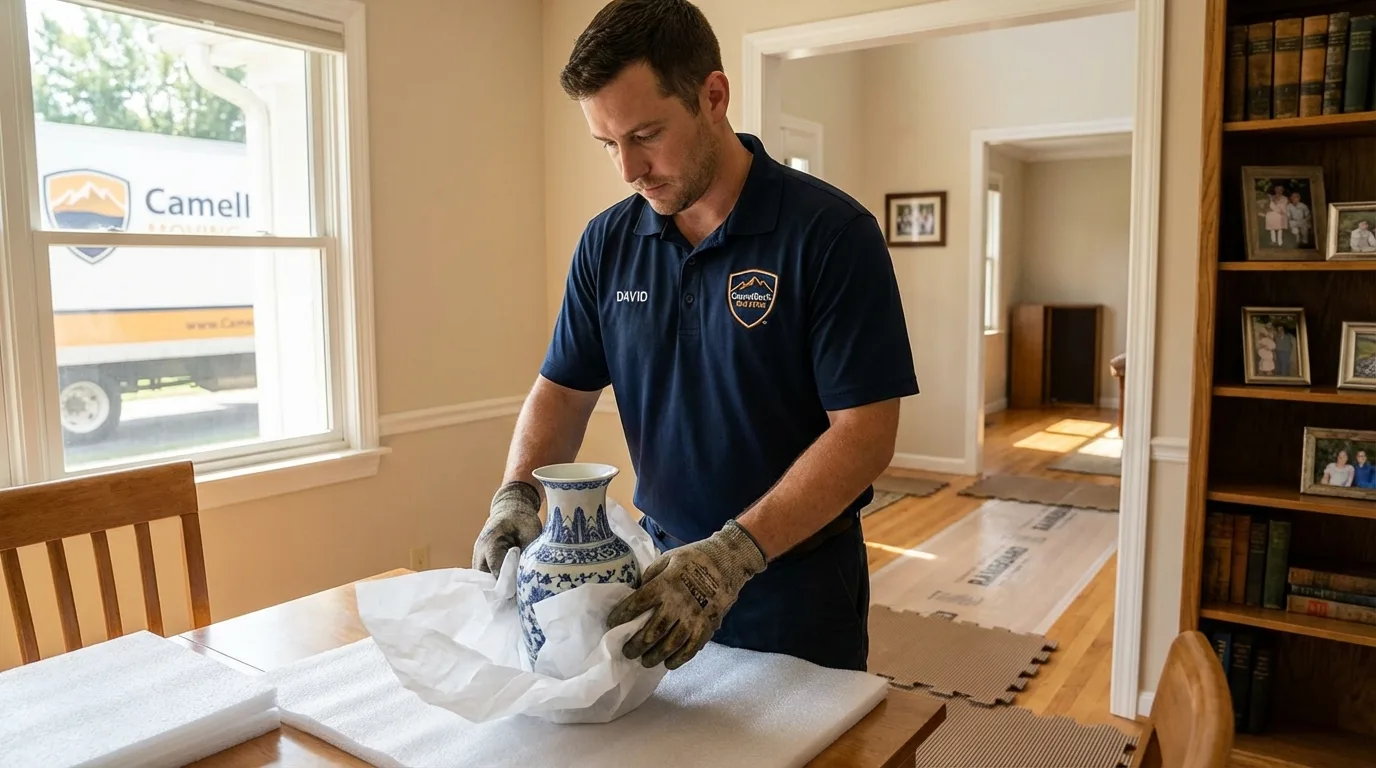 Professional crew carefully wrapping antique vase for senior downsizing move in Denton, NC